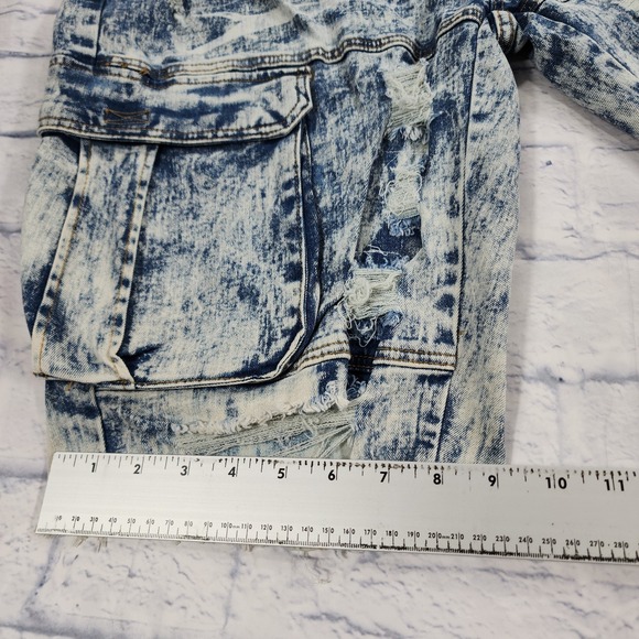 Encrypted Denim Cargo Shorts MENS SIZE 38 Blue Acid Wash Stretch - Picture 3 of 10